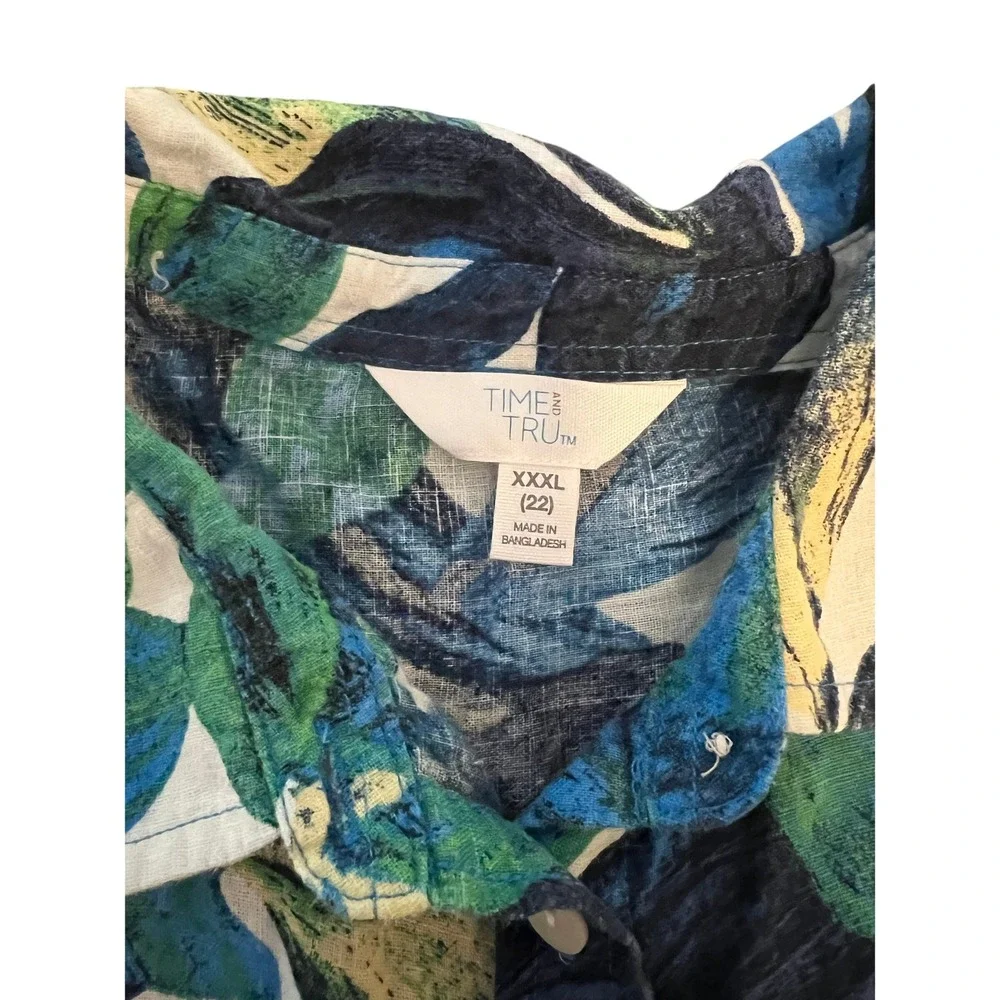 Time and Tru Womens XXXL 22 Blue Green Tropical Floral‎ Linen Blend Button Shirt